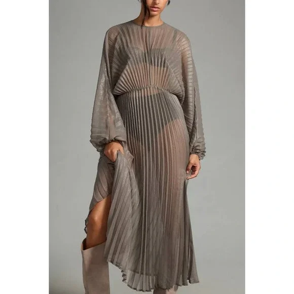 Anthropologie | Dresses | Anthropologie Gray Sheer Pleated Longsleeve  Kaftan Maxi Dress Womens One Size | Poshmark